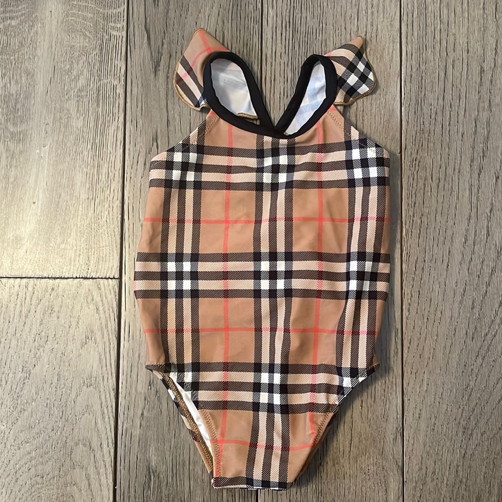 Burberry Tan Plaid One-Piece Swimsuit with Black Trim